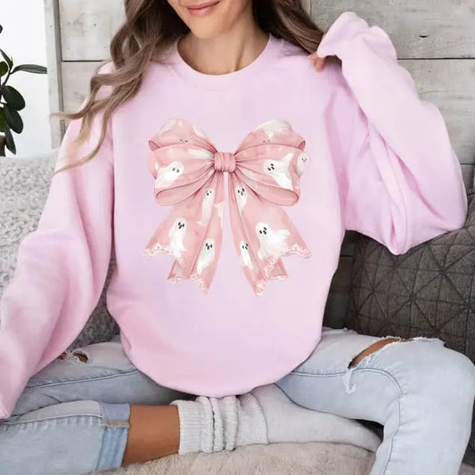 Pink Ghost Coquette Bow Sweatshirt, Coquette Halloween Sweatshirt, Pink Bow Shirt, Fall Sweatshirt, Spooky Season Shirt,...