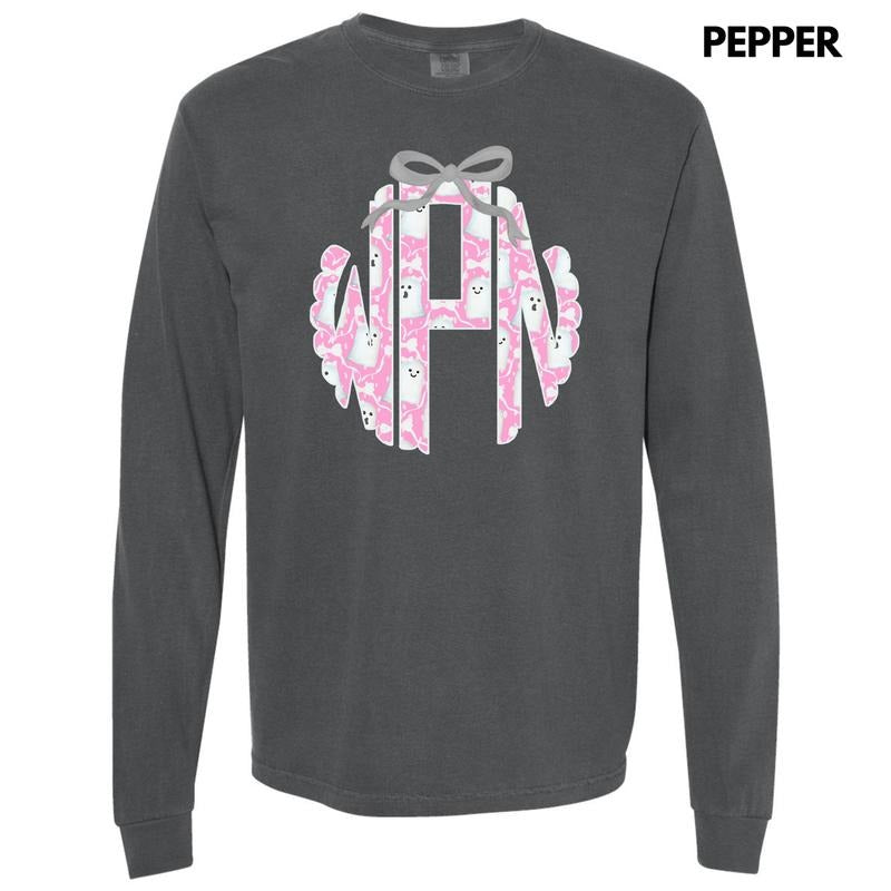 Pink Ghost Monogram Long Sleeve Comfort Colors T-Shirt 'NLB' Hoodie, Sweatshirt | WearSparks.com