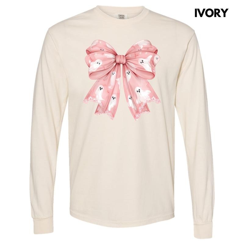 Pink Ghostie Bow Long Sleeve Comfort Colors T-Shirt 'NLB' Hoodie, Sweatshirt | WearSparks.com
