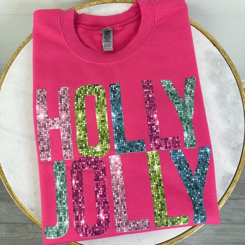 Pink Holly Jolly Faux Sequin Gildan Sweatshirt T-Shirts, Hoodie | WearSparks.com
