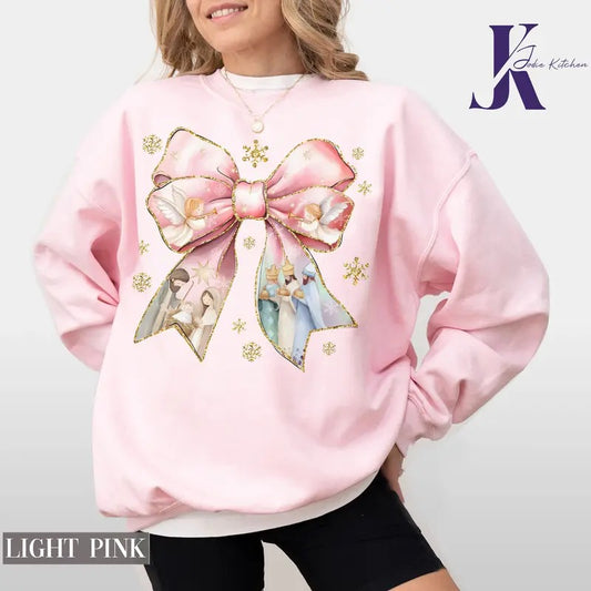 Pink Jesus Christmas Coquette Bow Shirt, Pink Christmas Sweatshirt, Oh Come Let us adore Him Tee, Christmas Gif,...