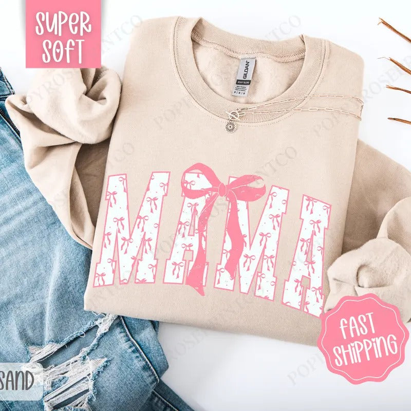 Pink Mama Bow Sweatshirt, Women's Crewneck, Cute Women's Sweater T-Shirts, Hoodie | WearSparks.com