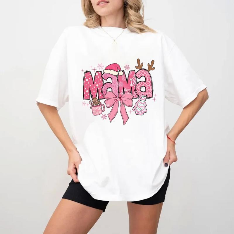 Pink Mama Christmas T Shirt, Mama Christmas Tshirt, Pink Coquette Christmas Tee, Christmas Doodles Tees, Unisex Short...