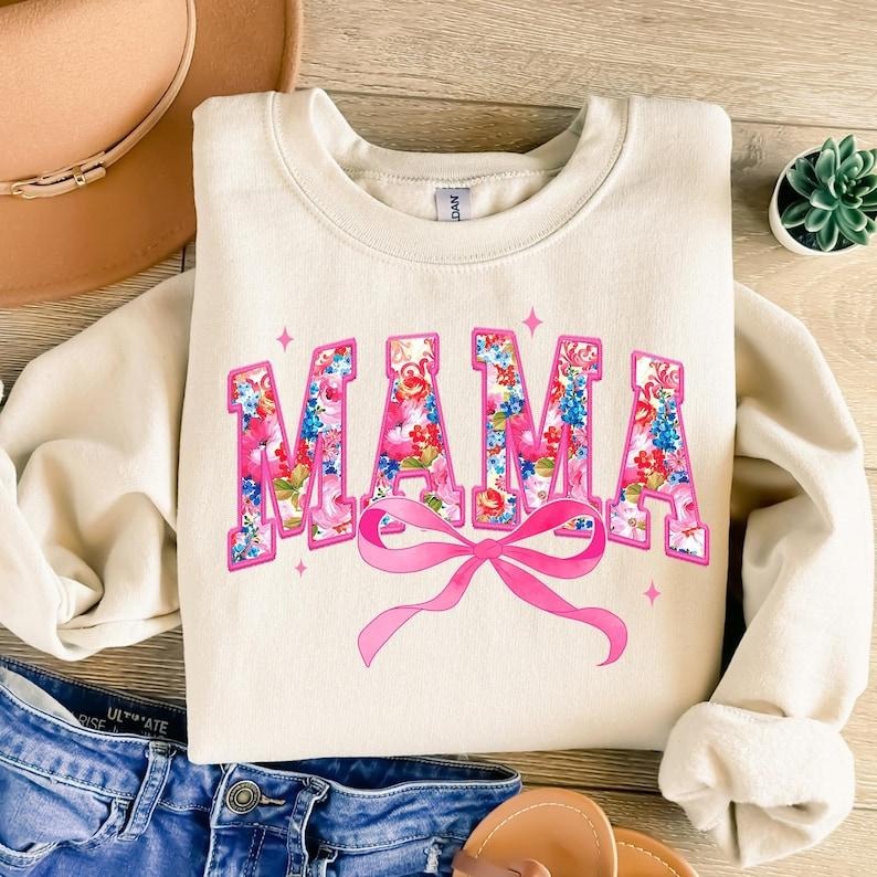 Pink Mama Coquette Floral Mama Varsity , Mothers Day , Gift for Mom, Lace Coquette Bow Sweatshirt T-Shirts, Hoodie