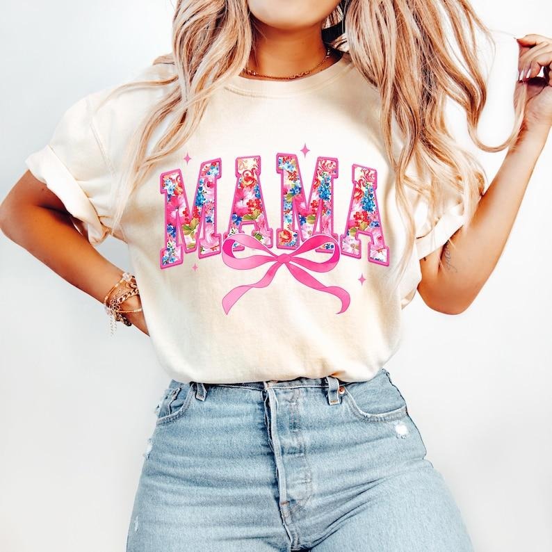 Pink Mama Coquette, Floral Chinoiserie, Mama Varsity, Mothers Day Tshirt, Embroidery Lace Bow Tshirt Hoodie, Sweatshirt