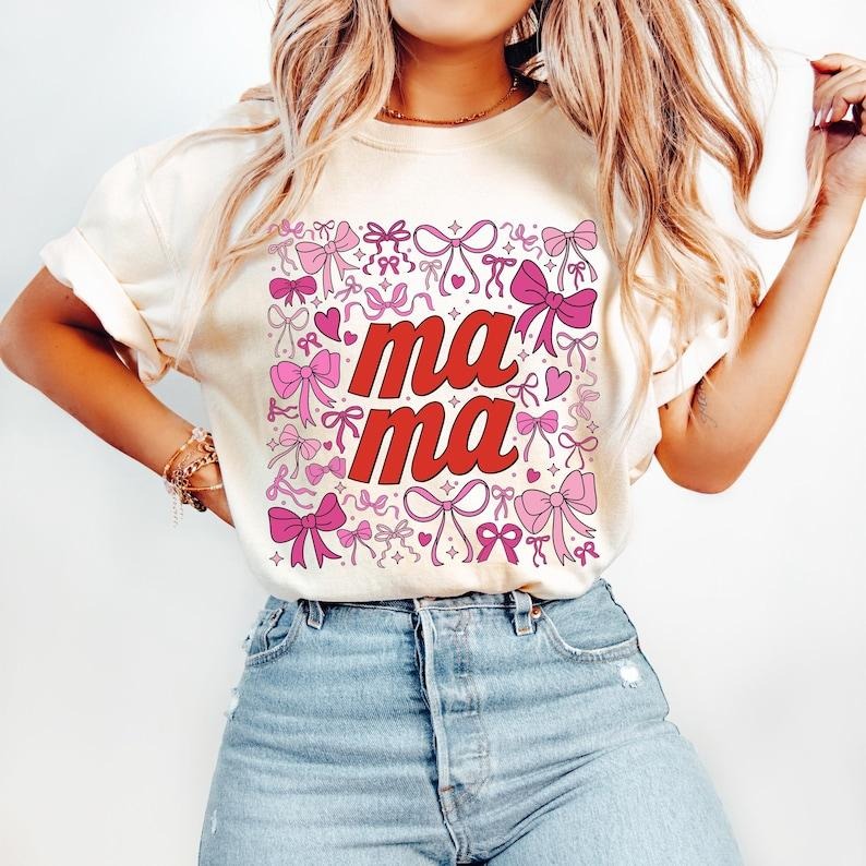 Pink Mama Coquette, Mama Varsity, Mothers Day, Retro Mama Tshirt, Pink Bow Tshirt Hoodie, Sweatshirt | WearSparks.com