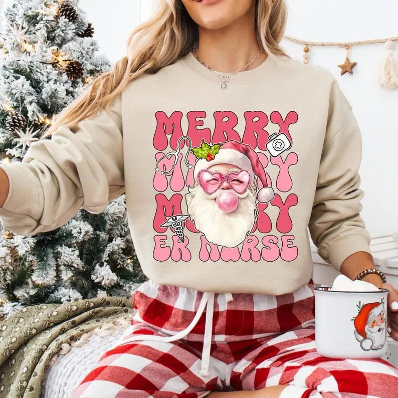 Pink Nurse Christmas Sweatshirt, Funny Santa Nurse Shirt, ICU ER Rn Nurse Tee, Christmas Nurse Life, Unisex Shirt, Gift...