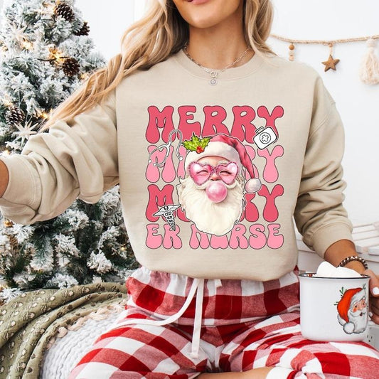 Pink Nurse Christmas Sweatshirt, Funny Santa Nurse T-shirt, ICU ER Rn Nurse Tee, Christmas Nurse Life Hoodie, Very Merry...