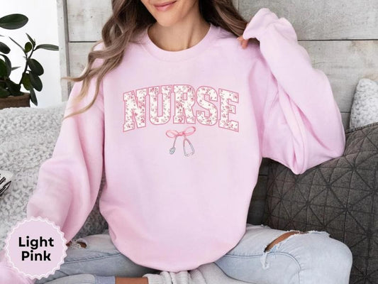 Pink Nurse Toile Bow Sweatshirt, Stethoscope Coquette Soft Girl Gift, Registered Nurse Graduation Crewneck, Healthcare...