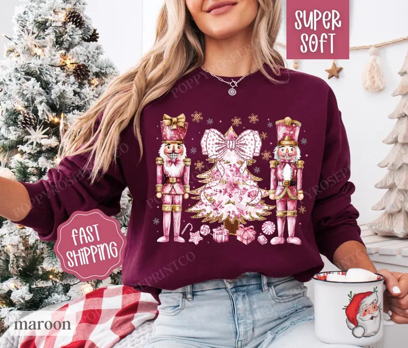 Pink Nutcracker Christmas Sweatshirt, Christmas Sweater, Women's Holiday Crewneck T-Shirts, Hoodie | WearSparks.com