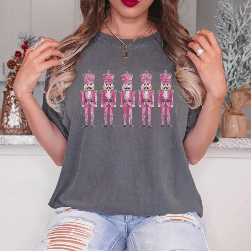 Pink Nutcracker Comfort Colors Christmas T-Shirt, Holiday Graphic Tee, Retro Pink Xmas Style, Cozy Nutcracker Christmas...