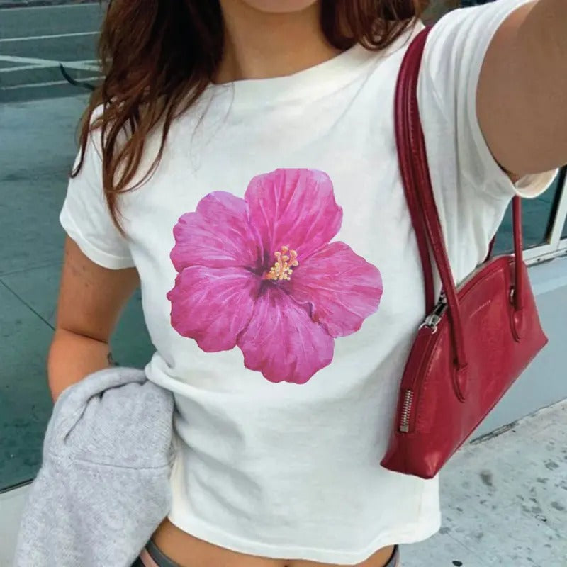 Pink Purple Hibiscus Baby Tee, Hibiscus Tropical Flower Baby Tee, Summer Baby Tee, Aesthetic Baby Tee, Hibiscus Tee Shirt...