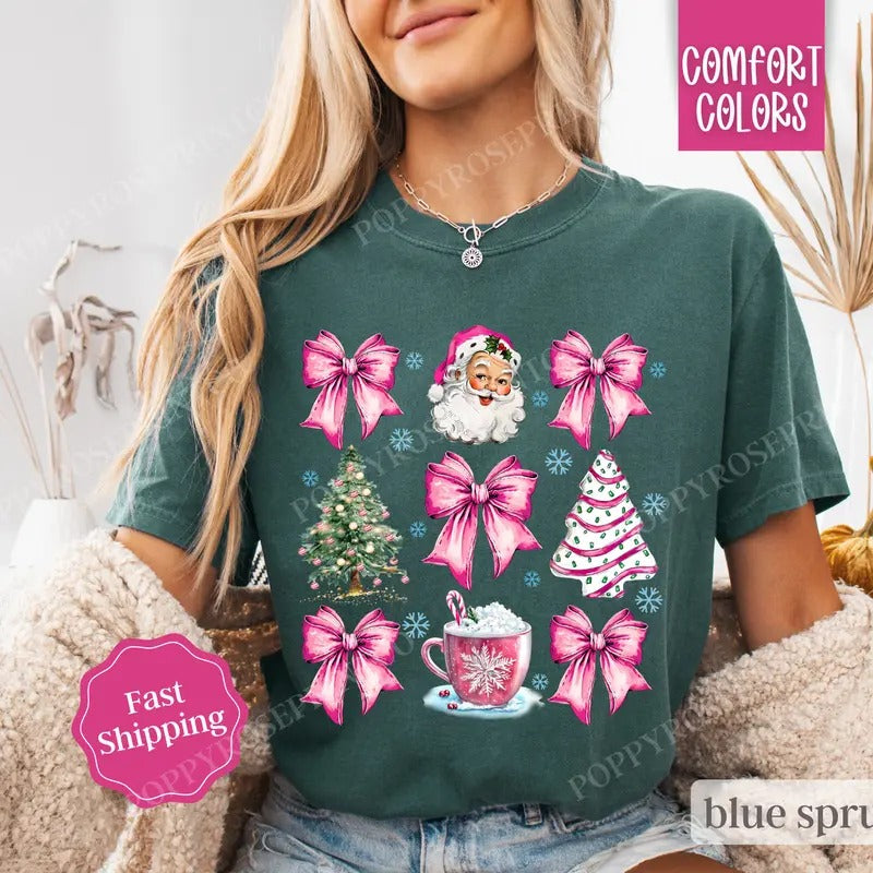 Pink Santa Christmas Shirt Comfort Colors, Cute Xmas Tshirt, Women's Holiday Tee Hoodie, Sweatshirt | WearSparks.com