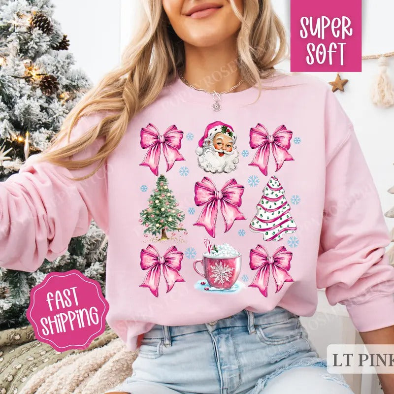 Pink Santa Christmas Sweatshirt, Merry Christmas Sweater, Women's Holiday Crewneck funny santa T-Shirts, Hoodie