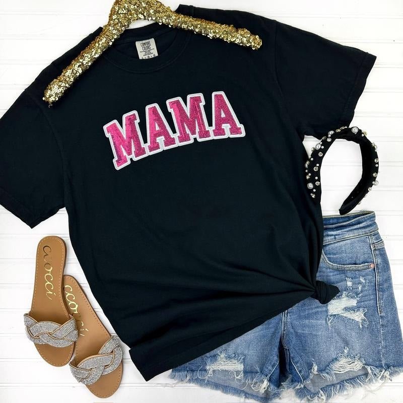Pink Sequin MAMA Patch Comfort Colors T-Shirt Hoodie, Sweatshirt | WearSparks.com