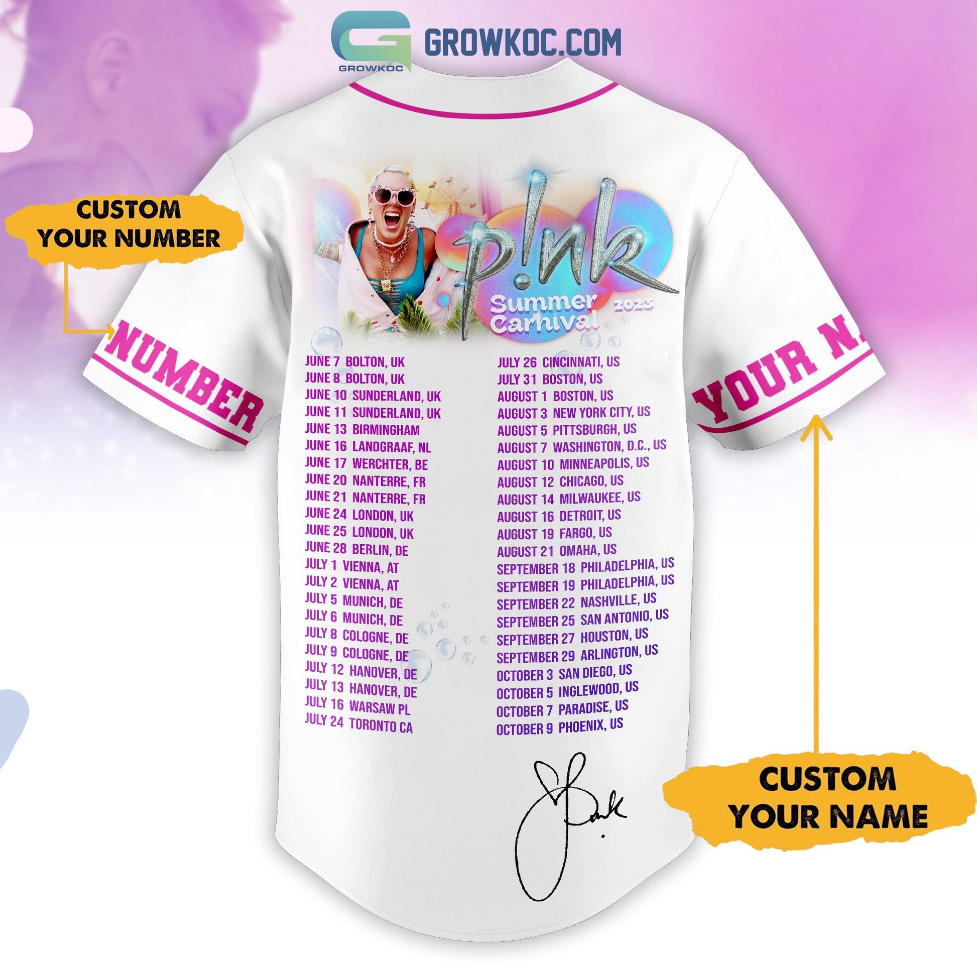 Pink Summer Carnival 2023 Tour White Design Personalized Baseball Jersey
