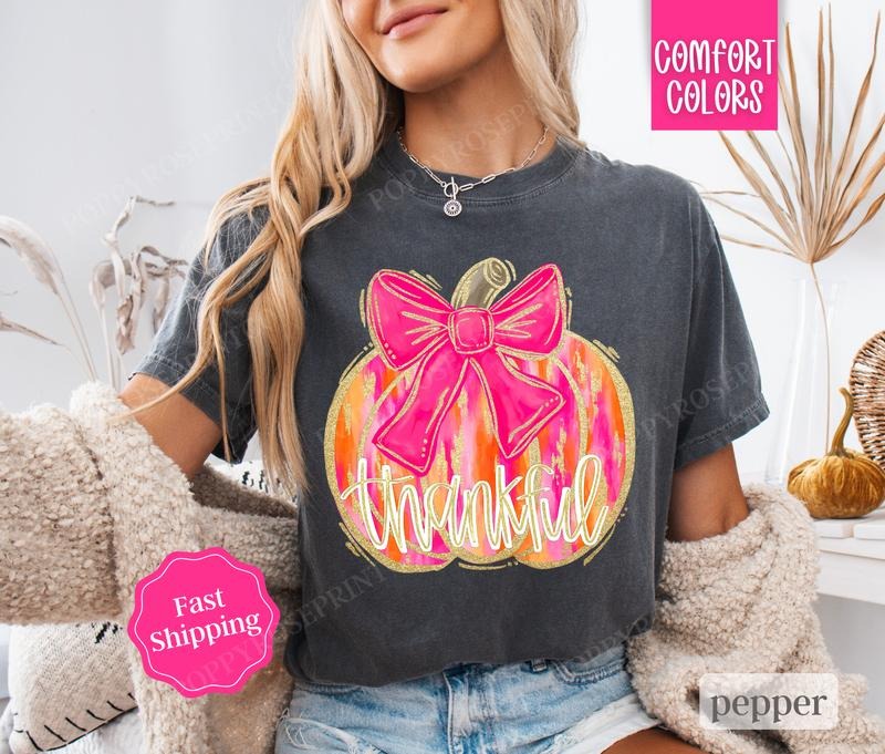 Pink Thankful Bow Shirt Comfort Colors, Coquette Thanksgiving Tshirt,  Women's Fall Tee Hoodie, Sweatshirt | WearSparks.com