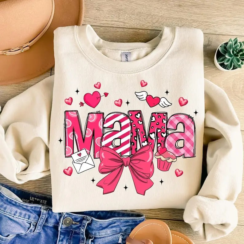Pink Valentine Mama Coquette Sweatshirt Loved Mama , Valentines Day Heart Coquette Bow , Brushstroke Valentine , Retro...