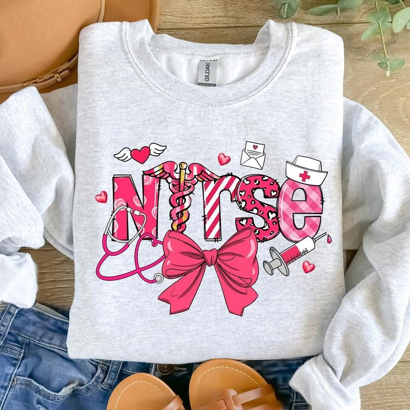 Pink Valentine Nurse Sweat, Valentine Coquette Bow Sweat, Cupids Favorite Nurse Sweat, Nurse Valentines Design,...