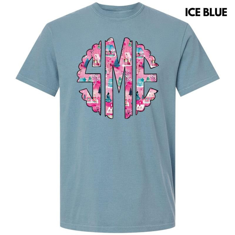 Pink Winter Holiday Monogram Comfort Colors T-Shirt 'NLB' Hoodie, Sweatshirt | WearSparks.com