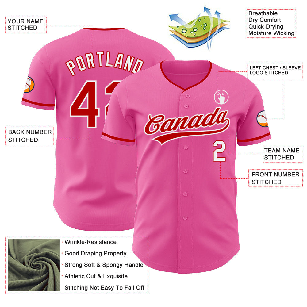 Custom Pink Red-White Authentic Baseball Jersey