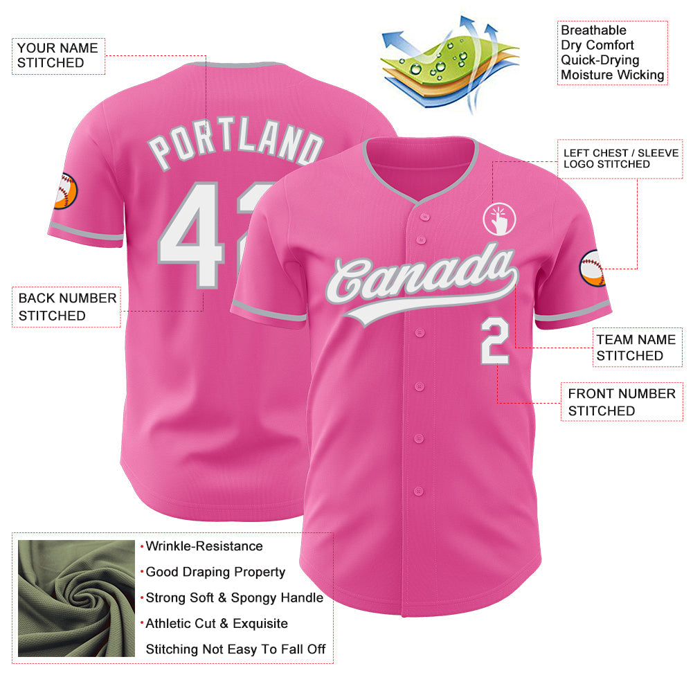 Custom Pink White-Gray Authentic Baseball Jersey