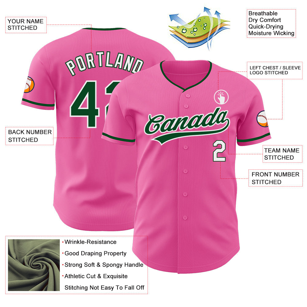 Custom Pink Green-White Authentic Baseball Jersey