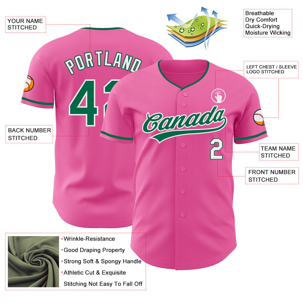 Custom Pink Kelly Green-White Authentic Baseball Jersey