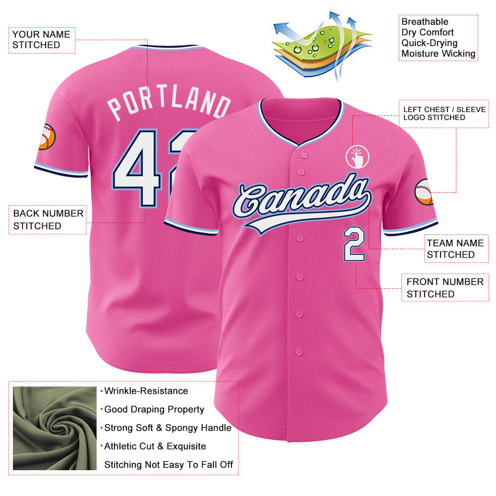 Custom Pink White Navy-Light Blue Authentic Baseball Jersey
