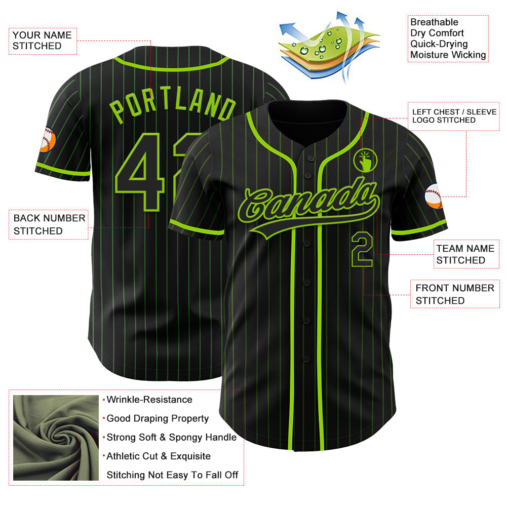 Custom Black Neon Green Pinstripe Neon Green Authentic Baseball Jersey