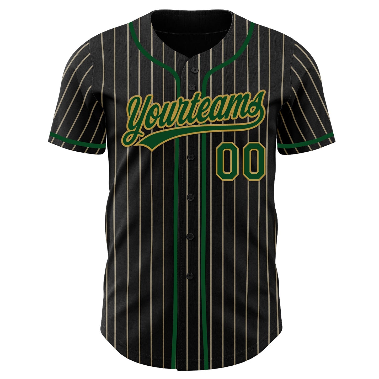 Custom Black Cream Pinstripe Green-Old Gold Authentic Baseball Jersey