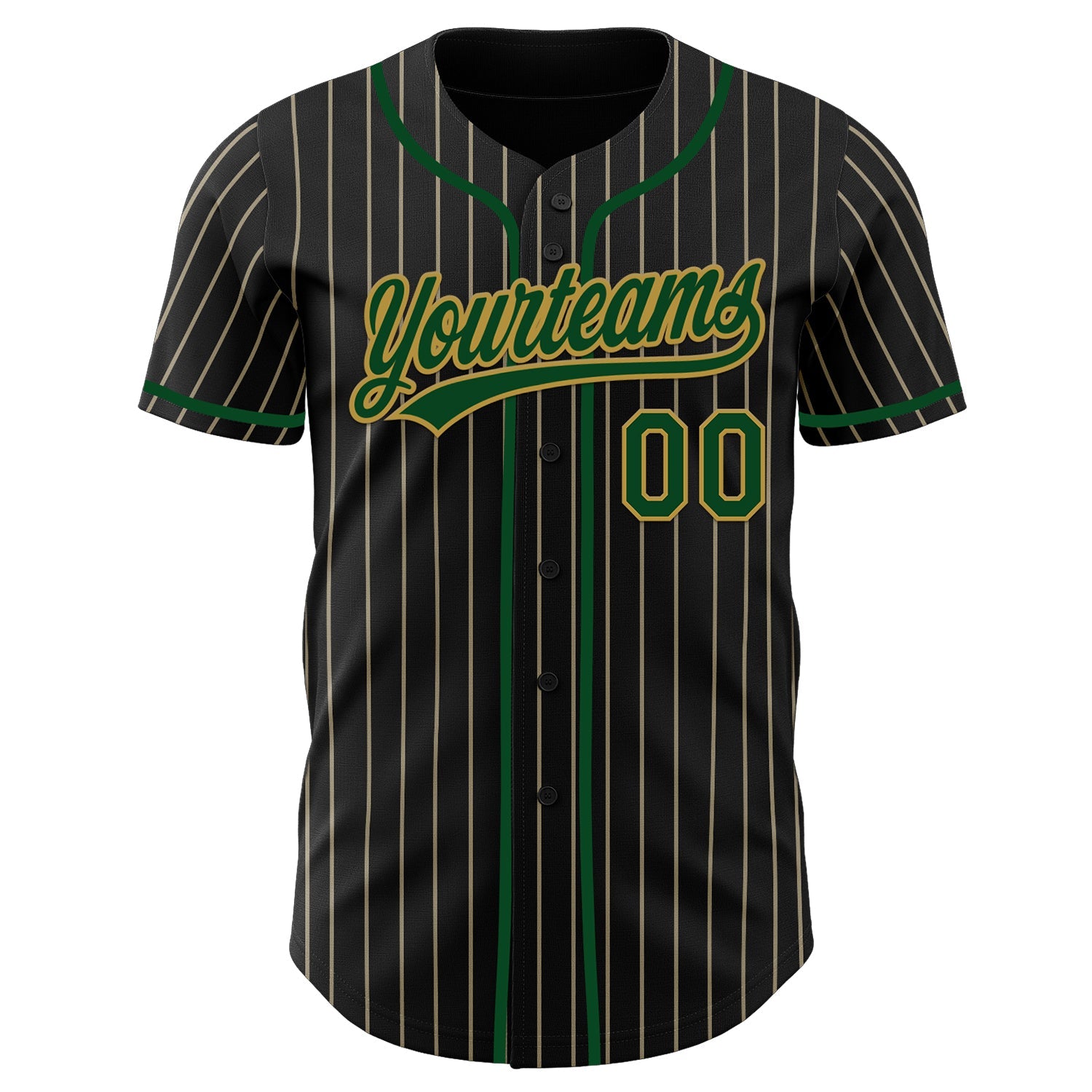 Custom Black Cream Pinstripe Green-Old Gold Authentic Baseball Jersey