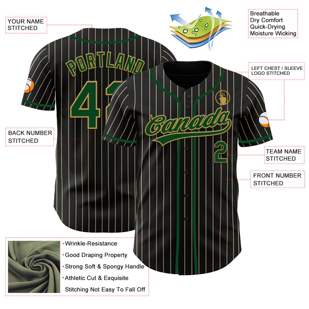 Custom Black Cream Pinstripe Green-Old Gold Authentic Baseball Jersey