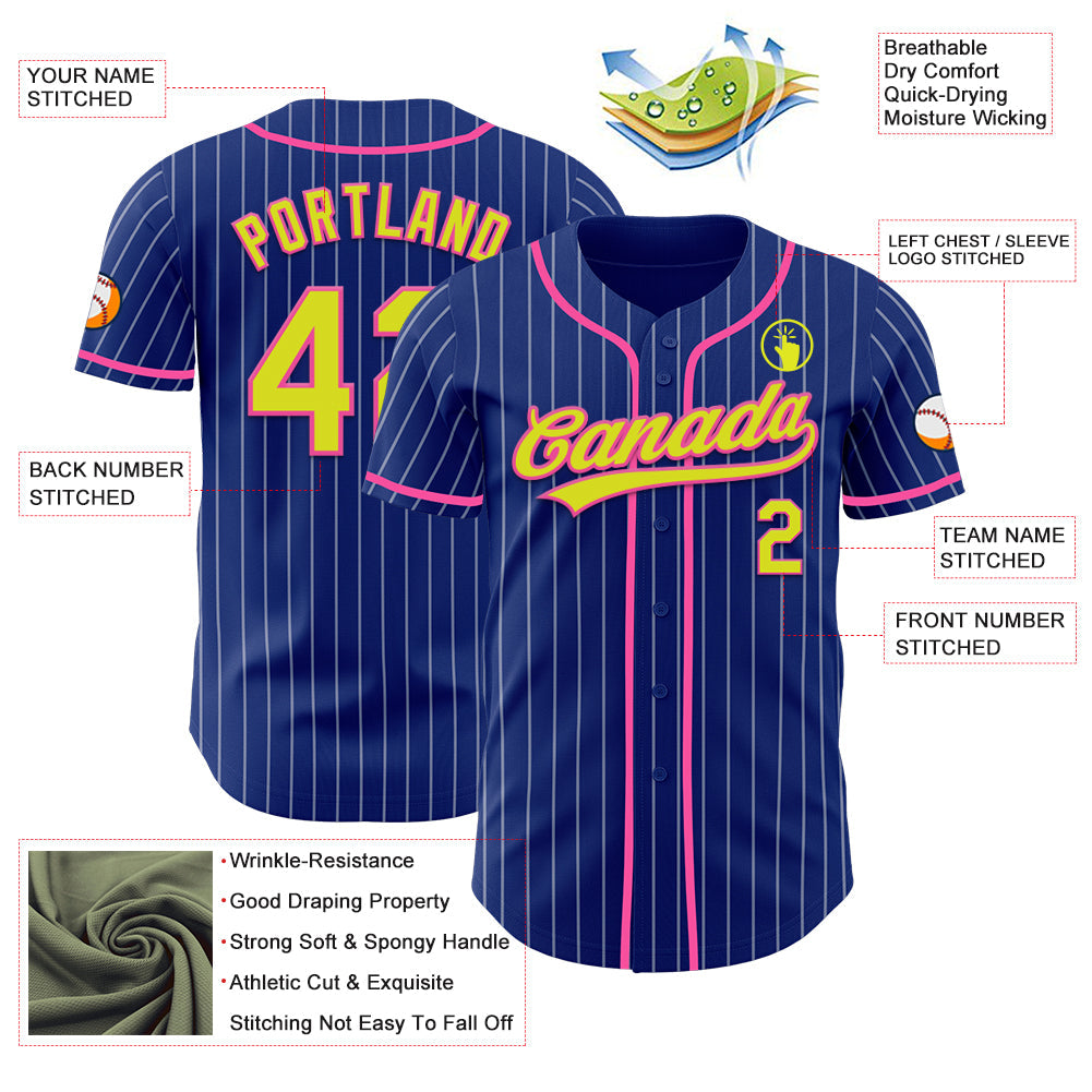 Custom Royal White Pinstripe Neon Yellow-Pink Authentic Baseball Jersey