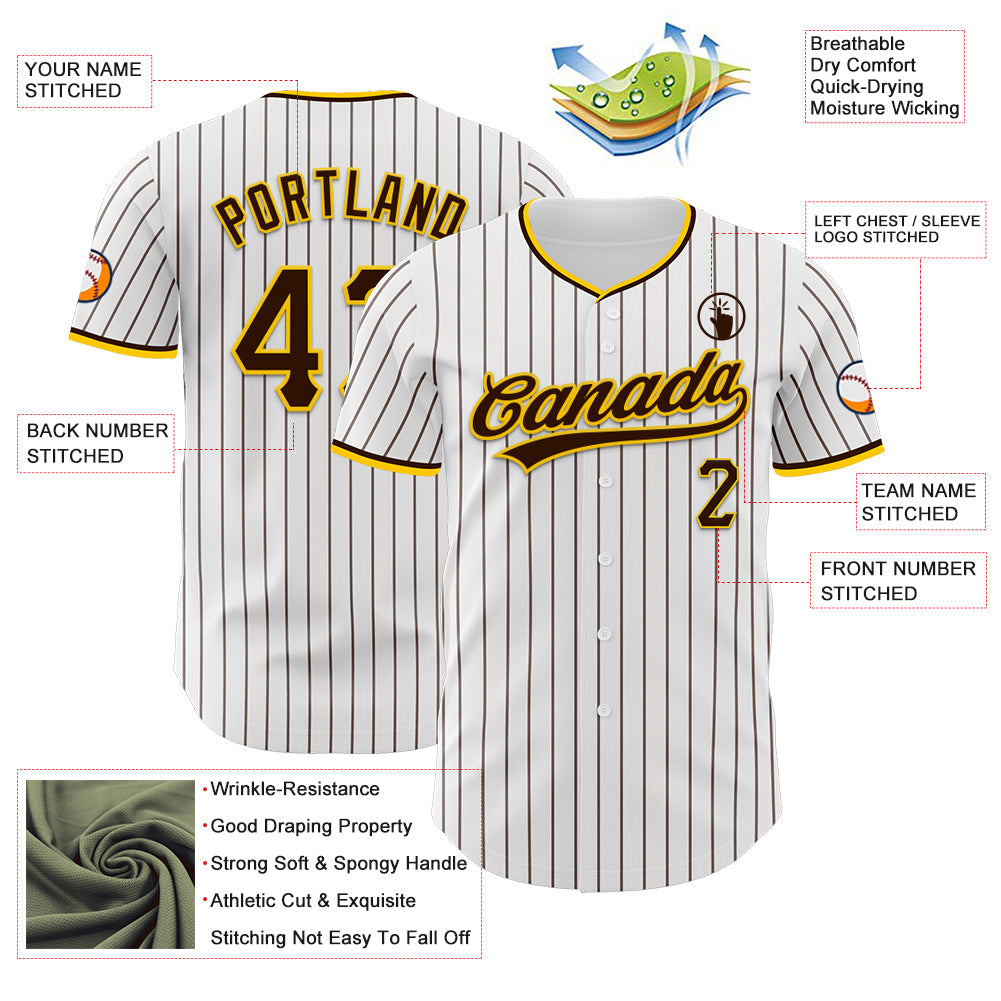 Custom White Brown Pinstripe Brown-Yellow Authentic Baseball Jersey