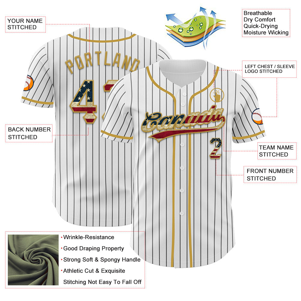 Custom White Black Pinstripe Vintage USA Flag-Old Gold Authentic Baseball Jersey