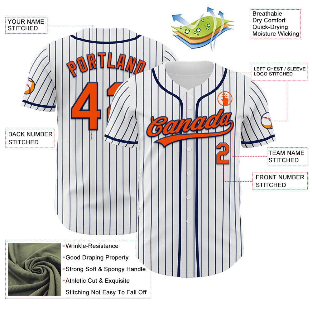 Custom White Navy Pinstripe Orange-Navy Authentic Baseball Jersey