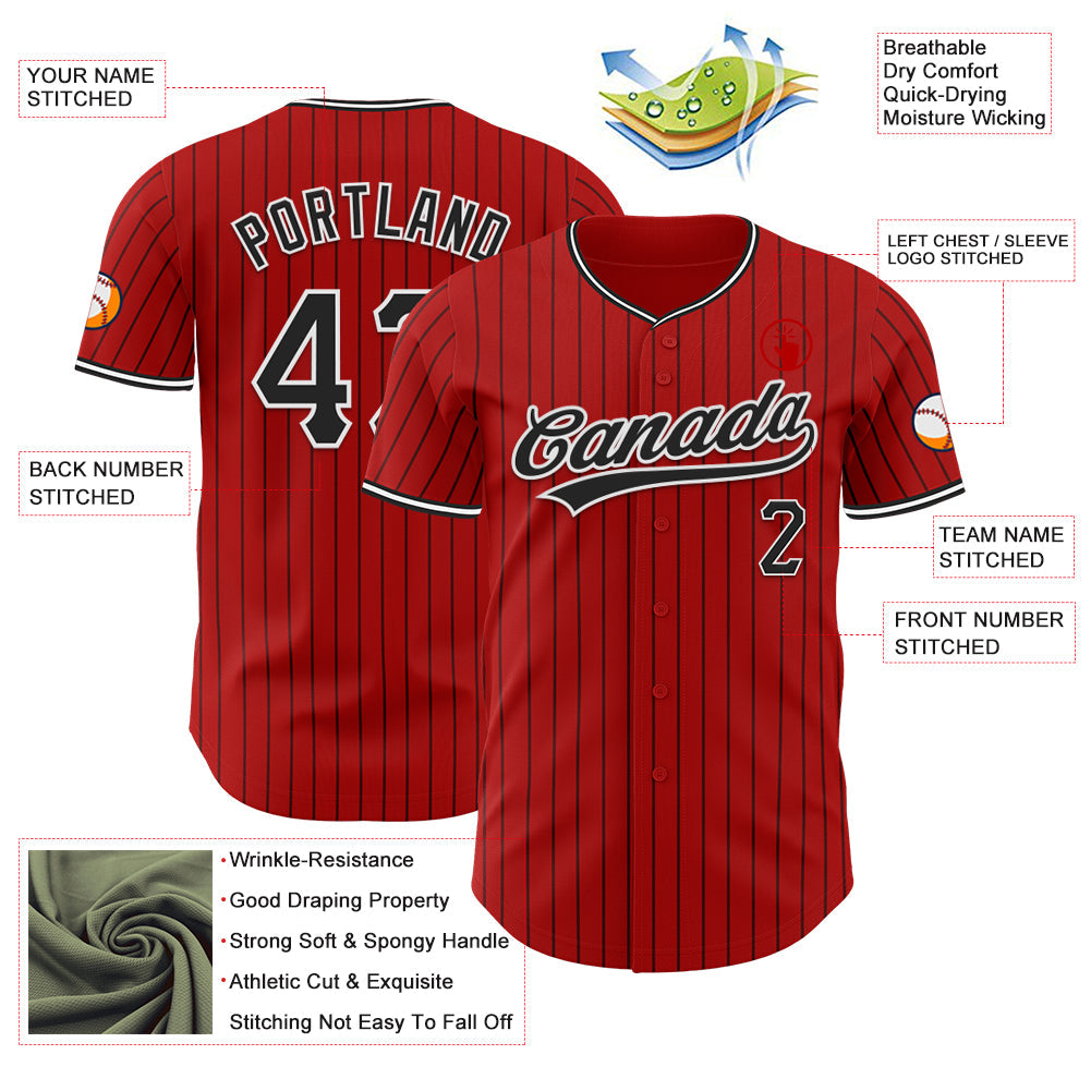 Custom Red Black Pinstripe Black-White Authentic Baseball Jersey