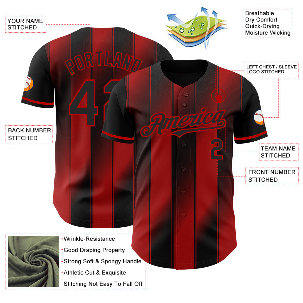 Custom Black-Red Gradient Classic Vertical Stripe Authentic Baseball Jersey