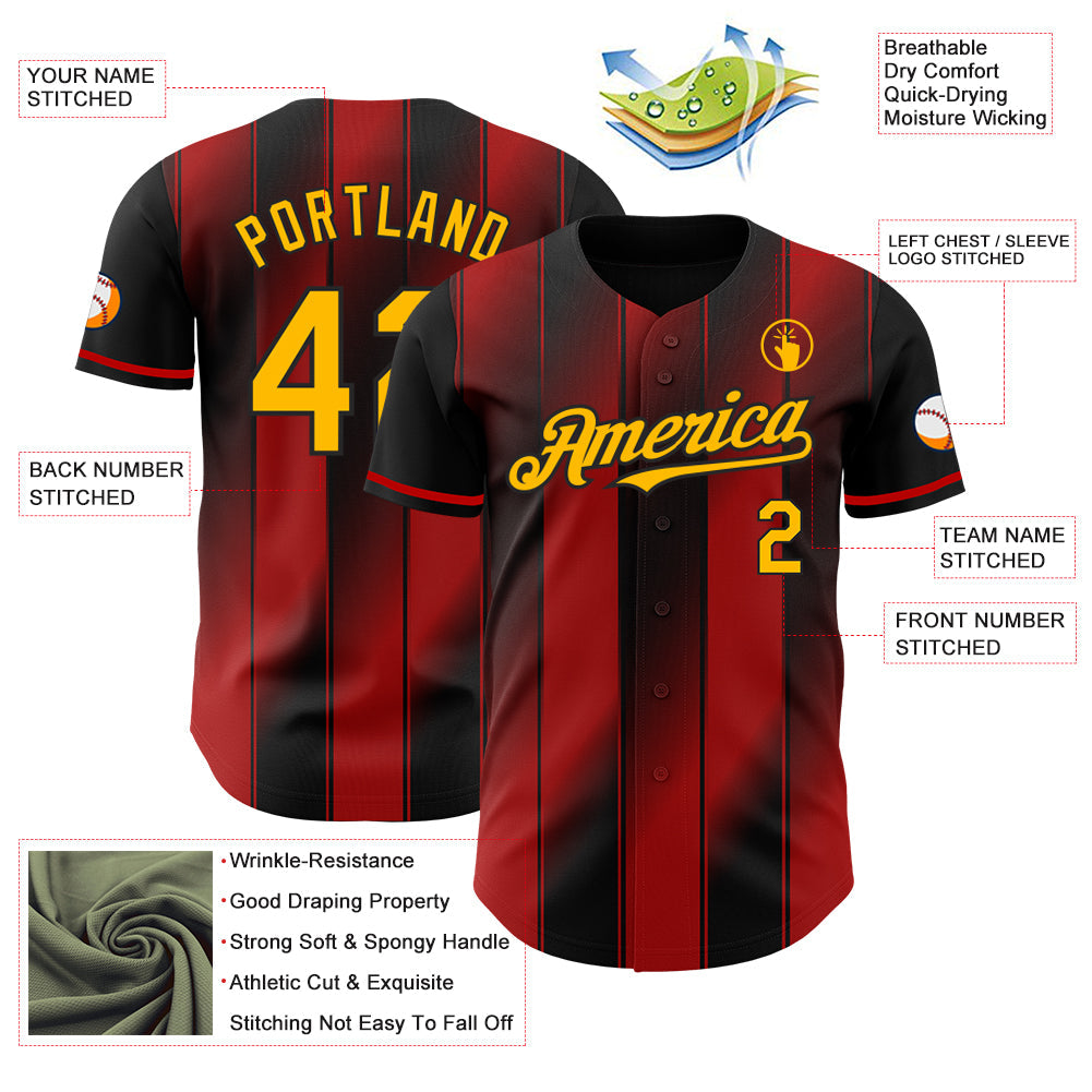 Custom Black Gold-Red Gradient Classic Vertical Stripe Authentic Baseball Jersey