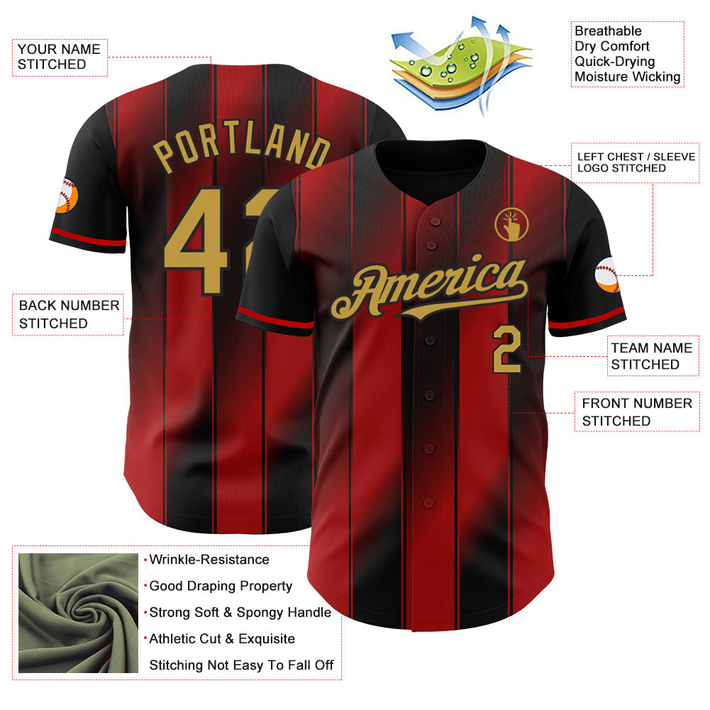 Custom Black Old Gold-Red Gradient Classic Vertical Stripe Authentic Baseball Jersey