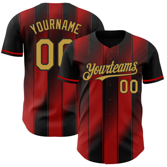 Custom Black Old Gold-Red Gradient Classic Vertical Stripe Authentic Baseball Jersey