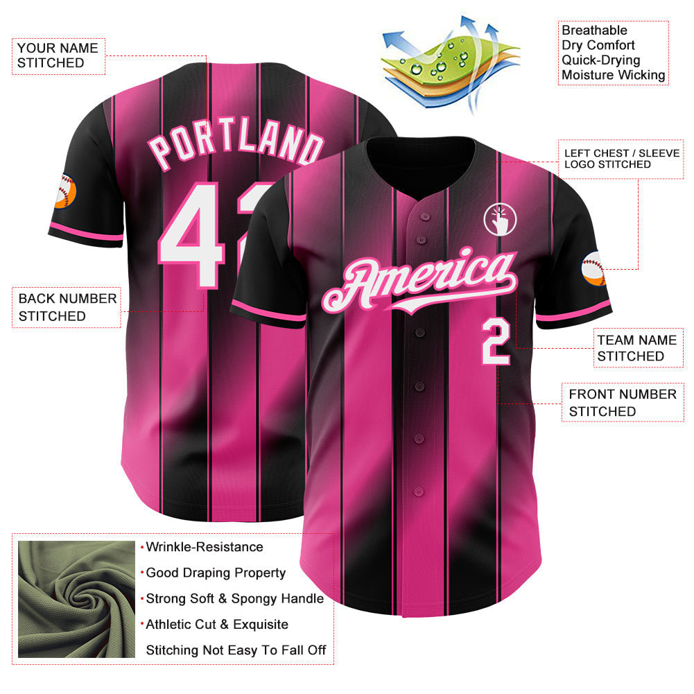 Custom Black White-Pink Gradient Classic Vertical Stripe Authentic Baseball Jersey