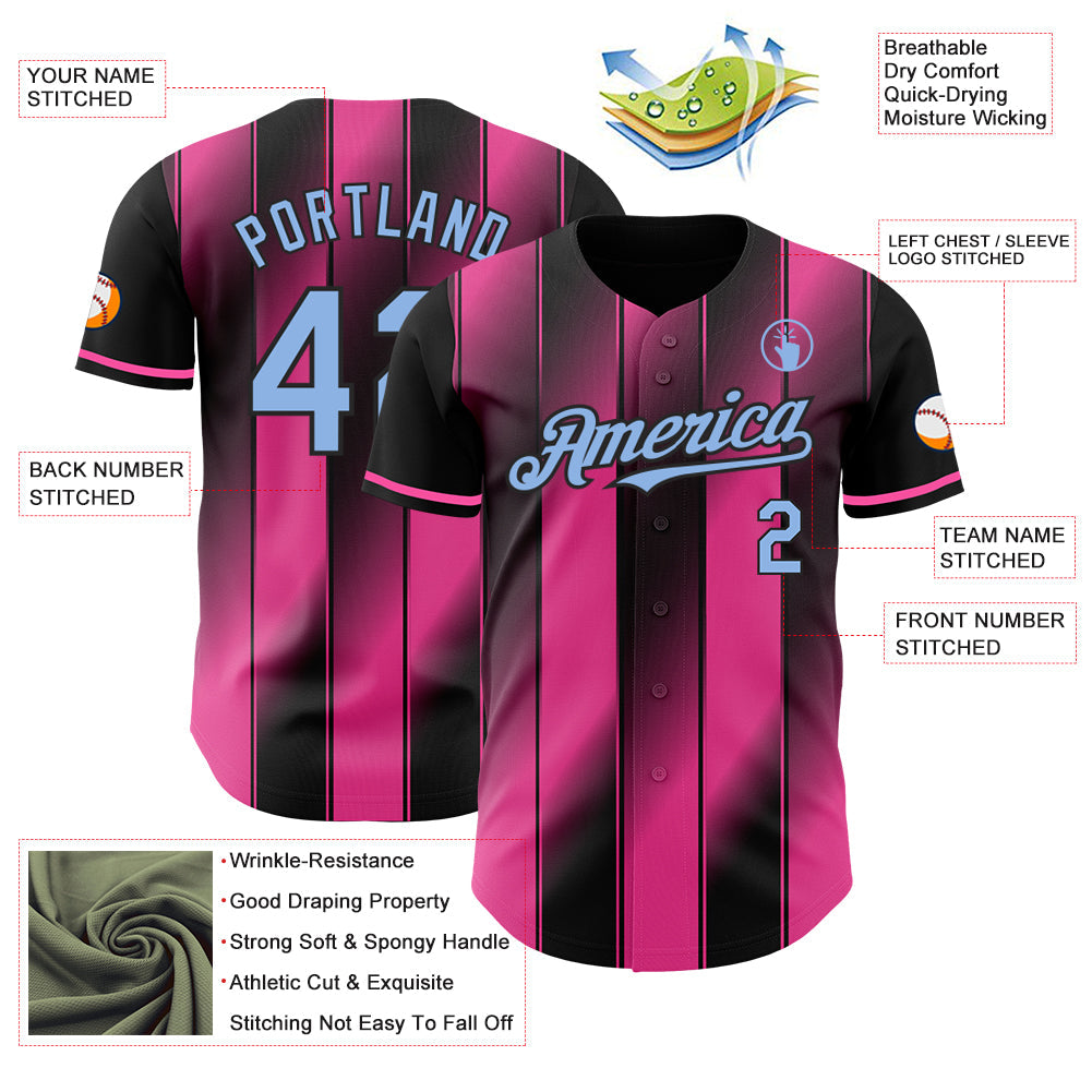 Custom Black Light Blue-Pink Gradient Classic Vertical Stripe Authentic Baseball Jersey