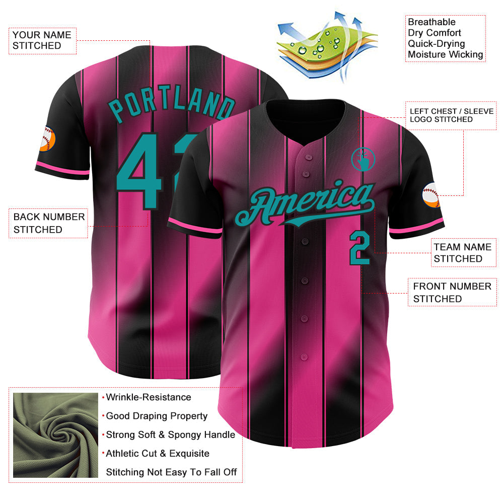 Custom Black Teal-Pink Gradient Classic Vertical Stripe Authentic Baseball Jersey
