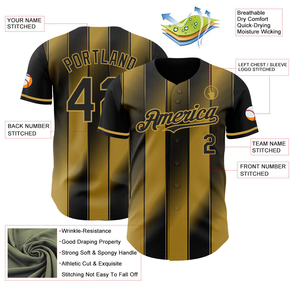 Custom Black-Old Gold Gradient Classic Vertical Stripe Authentic Baseball Jersey