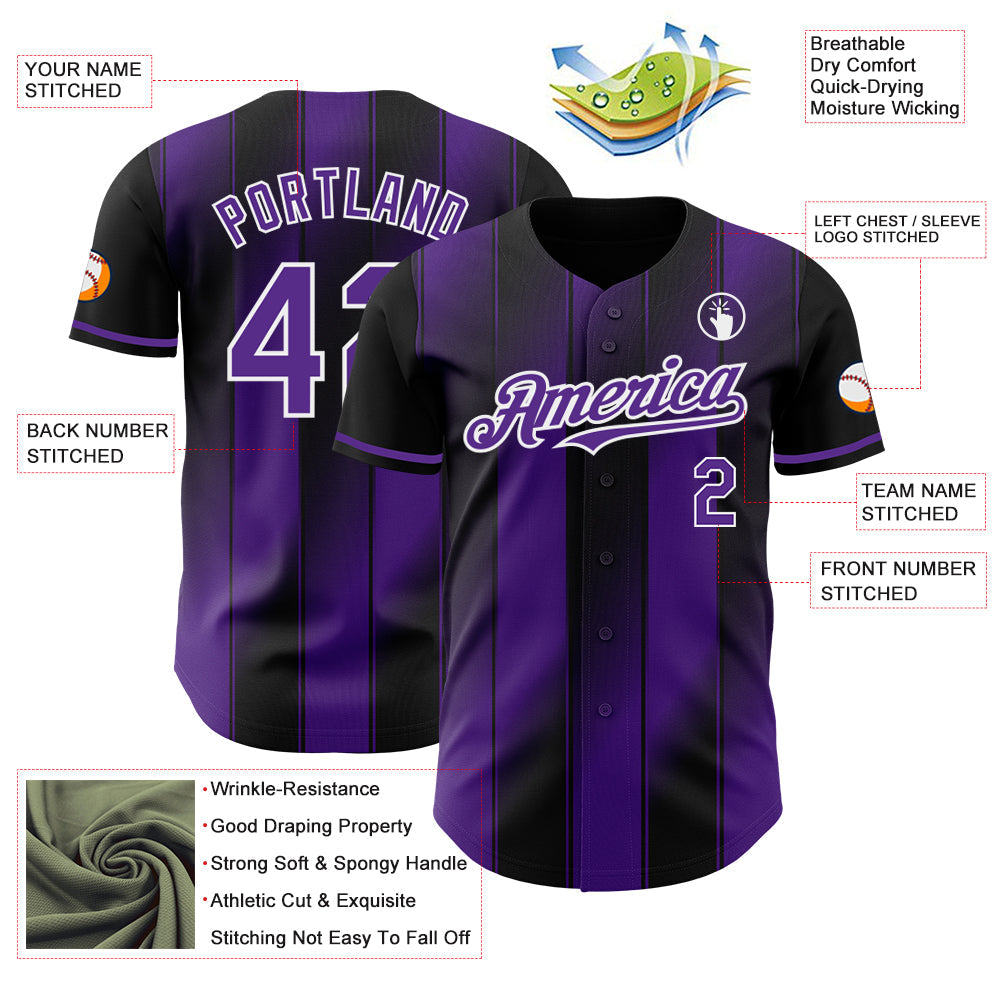 Custom Black Purple-White Gradient Classic Vertical Stripe Authentic Baseball Jersey