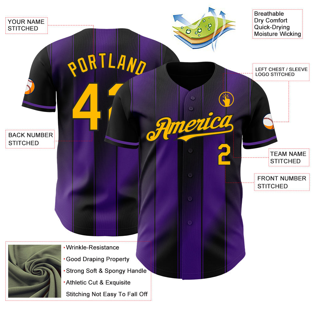 Custom Black Gold-Purple Gradient Classic Vertical Stripe Authentic Baseball Jersey