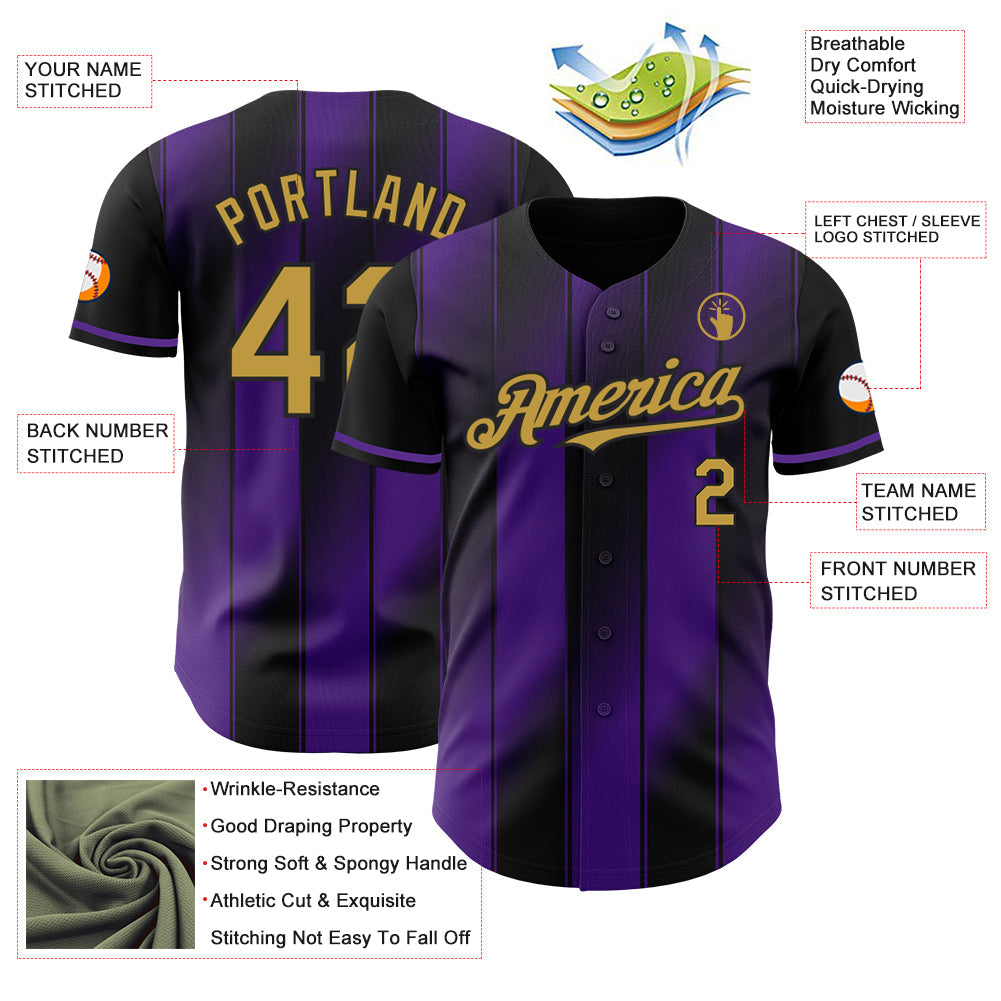 Custom Black Old Gold-Purple Gradient Classic Vertical Stripe Authentic Baseball Jersey