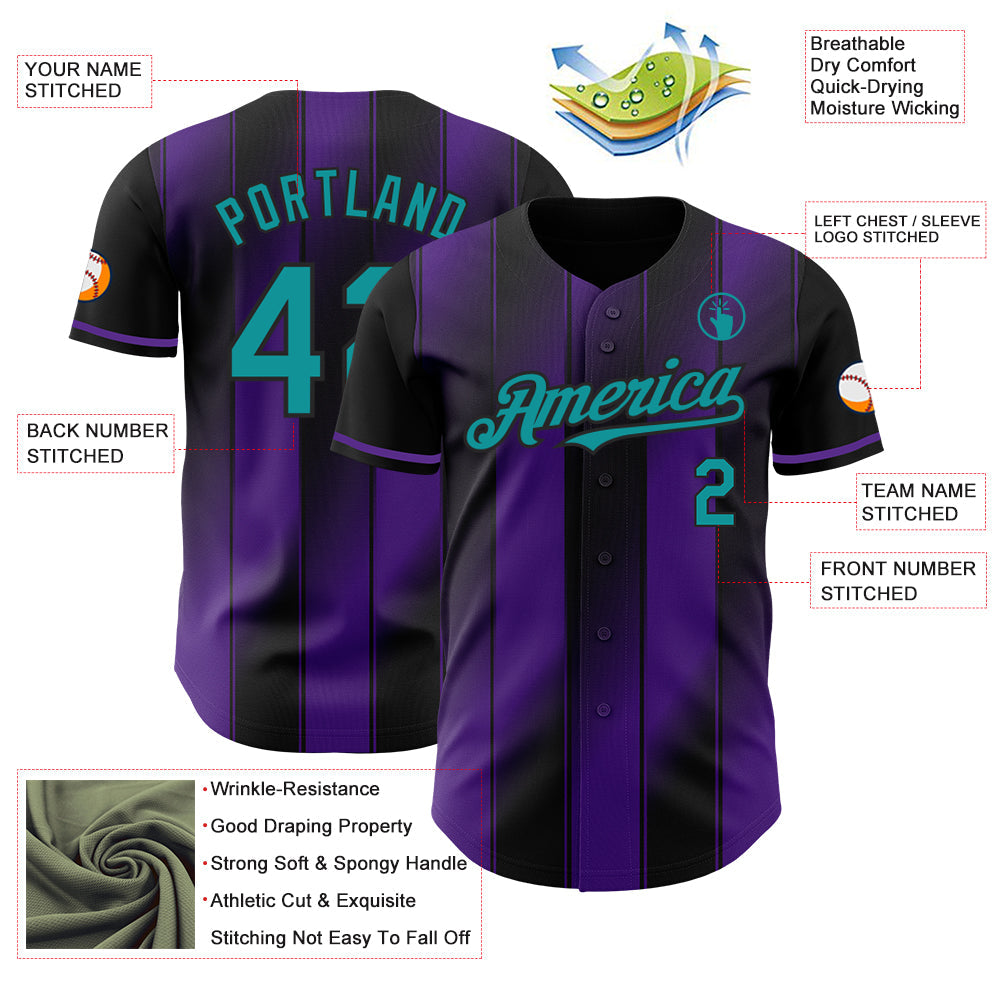 Custom Black Teal-Purple Gradient Classic Vertical Stripe Authentic Baseball Jersey
